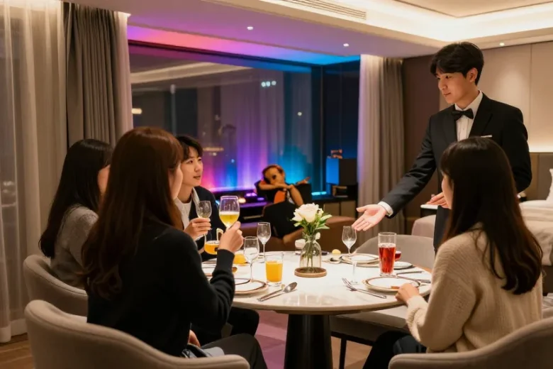 강남 구구단 쩜오의 고급스러운 프라이빗 룸에서 매니저가 손님을 맞이하는 모습