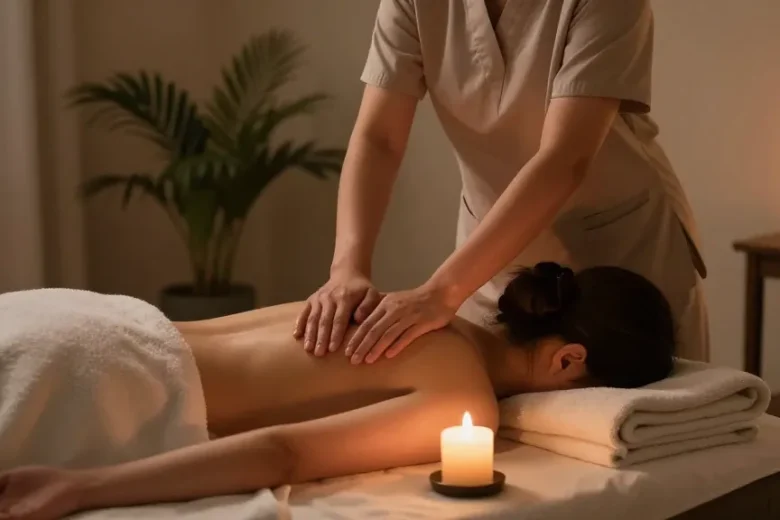 일산출장안마에서 제공하는 아늑한 홈 마사지 서비스 장면으로, 편안한 환경에서 고객이 마사지 받고 있는 모습.