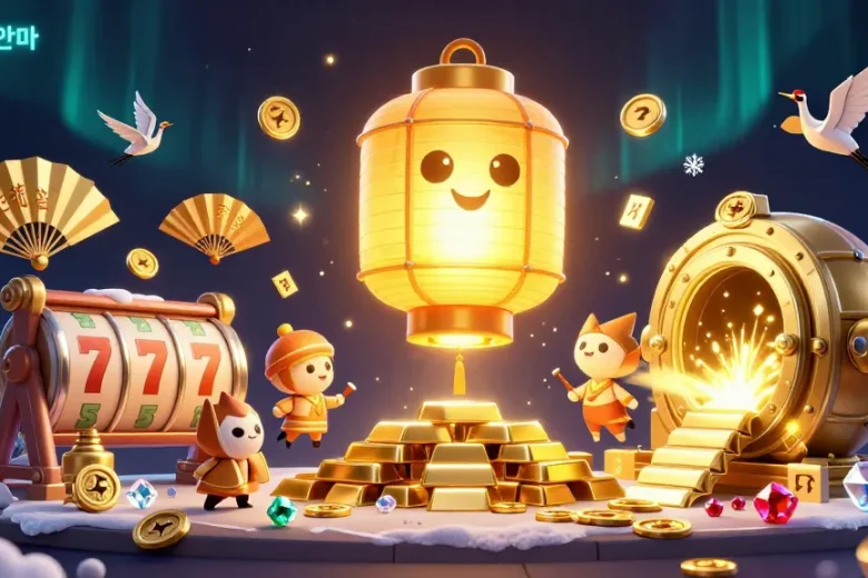 Engage with 김포출장안마 at a vibrant night market casino featuring golden elements, slot reels, and lucky symbols.