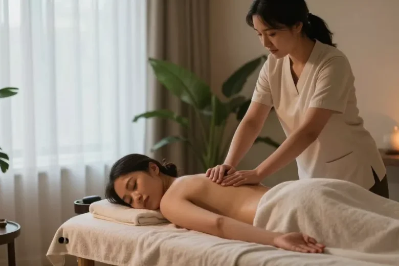 스웨디시 마사지 중인 전문가와 고객의 편안한 모습의 스파 마사지 룸