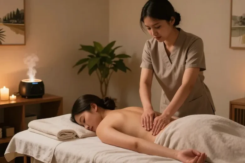 일산출장마사지 전문 마사지 치료사와 고객이 편안한 마사지 공간에서 세심한 치료를 받고 있는 모습