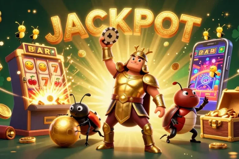 c168's online casino features a victorious beetle celebrating a jackpot win with vivid gambling elements.